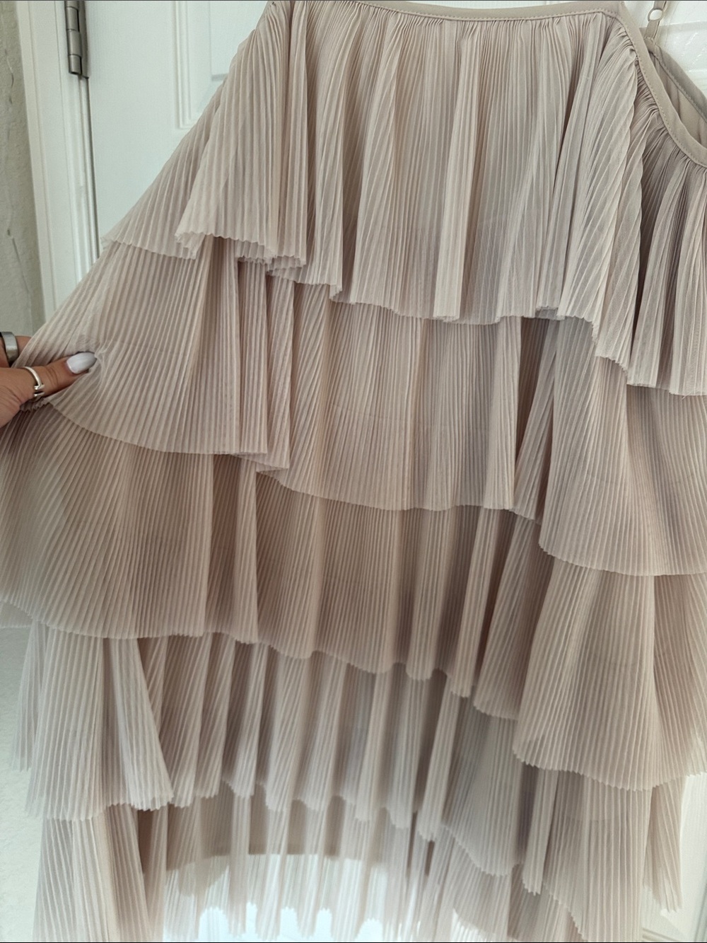 Beige Tiered Pleated Spaghetti-Strap Dress